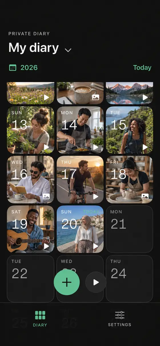 Your diary in Carbon, with daily video and photo memories arranged in a calendar.