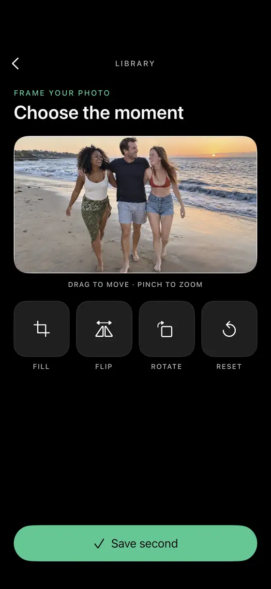 Framing a photo before saving it as a one-second memory in the app.