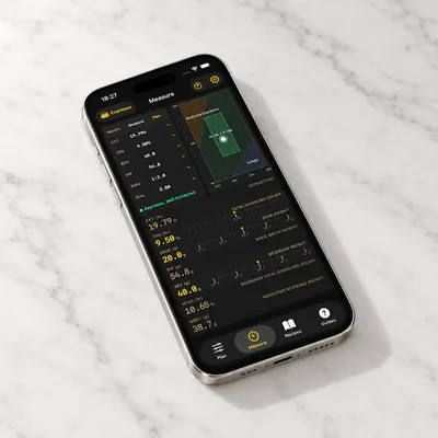 Brewmetric on an iPhone resting on a simple white marble café counter, showing its coffee extraction interface.